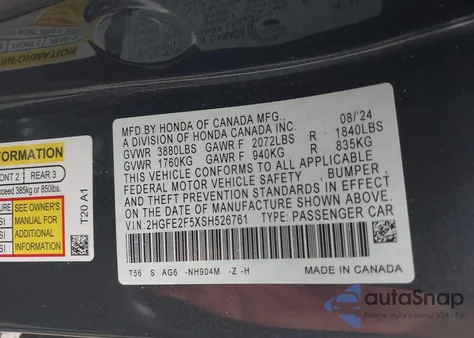 2025 Honda Civic Sport from USA, damaged, VIN 2HGFE2F5XSH526761